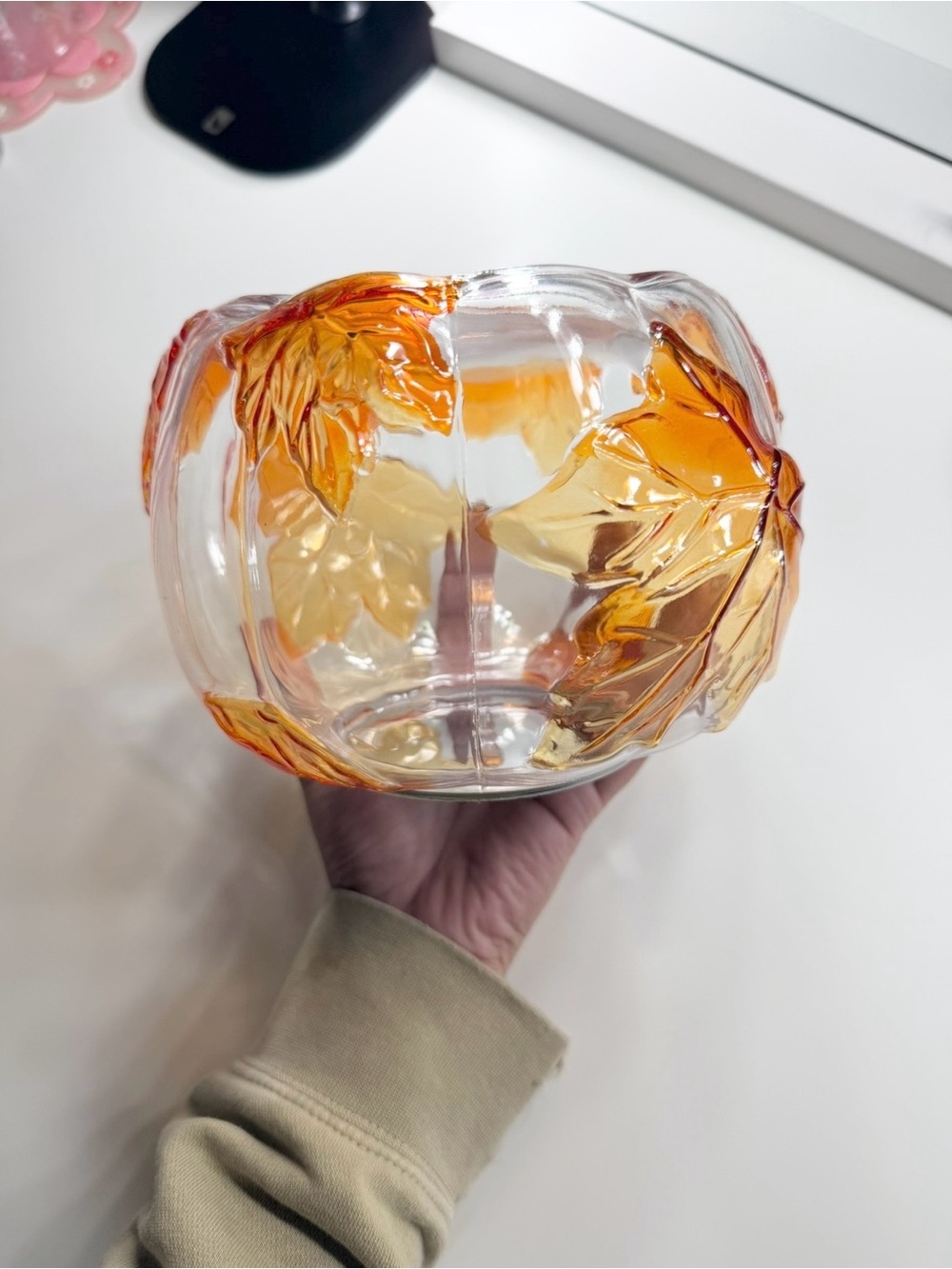 Bath & Body Works Clear Glass Fall Leaves 3 Wick Candle Holder